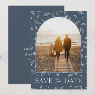 Save The Date Épargne Photo Mariage Feuilles Opulence Bleu Royal