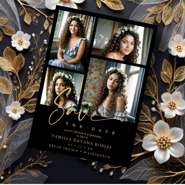 Save The Date Espagnol Noir tendance Quinceañera Collage 4 Photo (Spanish Black Trendy Quinceañera Collage 4 Photos Save the Date Card.)