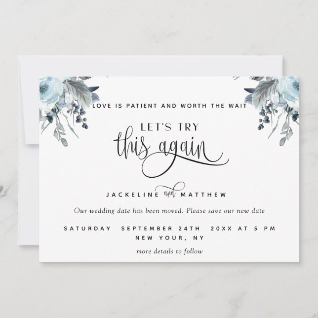 Save The Date Essayons de nouveau, Floral bleu, blanc et gris (Devant)