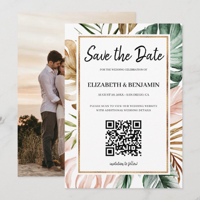 Save The Date Été Feuilles Tropicales Code QR Photo Enregistrer  (Devant / Derrière)