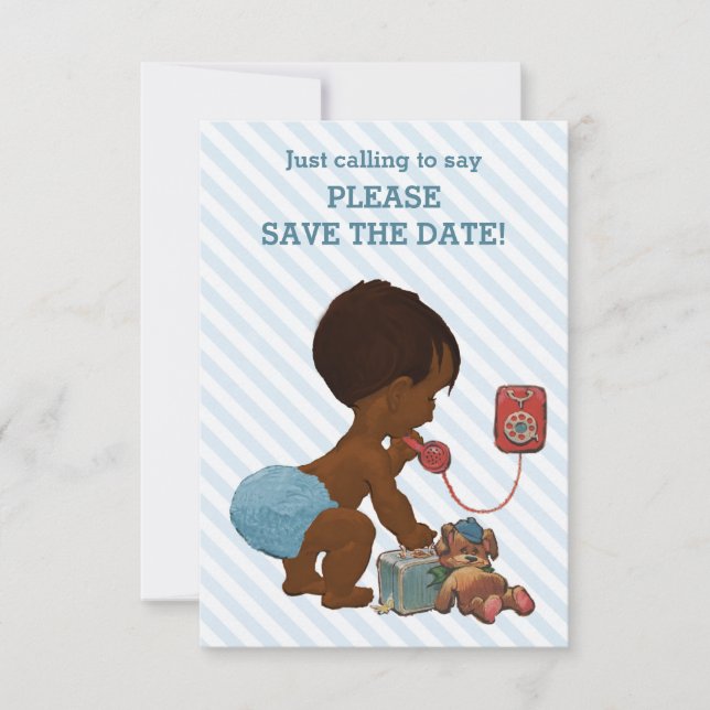 Save The Date Ethnic Boy On Phone Diagonal Stripe Enregistrer La (Devant)