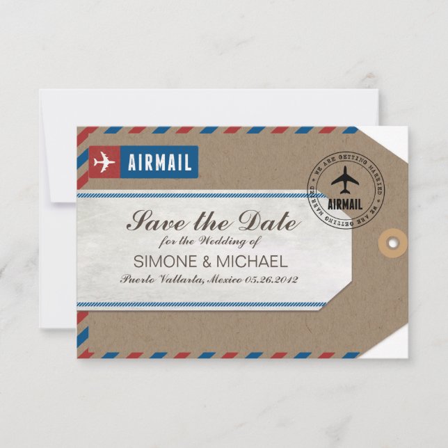 Save The Date Étiquette de bagage en airmail pour mariage enregi (Devant)