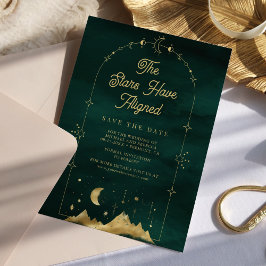 Save The Date Étoiles célestes Emerald Gold Crescent Moon Mariag