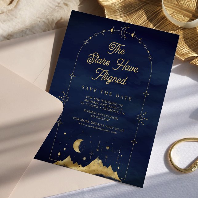 Save The Date Étoiles célestes Mariage Lune Croissant Or Bleu (Créateur téléchargé)