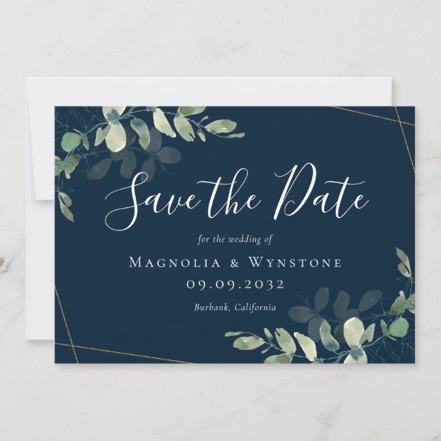 Save The Date Eucalyptus Aquarelle or Parties scintillant Mariag (Devant)