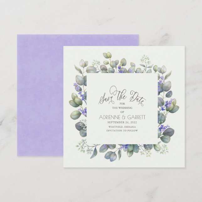 Save The Date Eucalyptus avec Lavender Flowers Carré Mariage (Devant / Derrière)