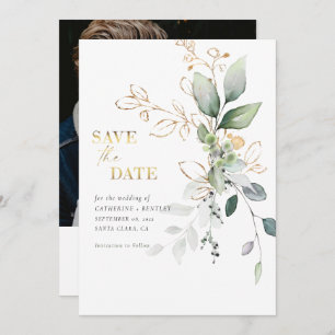 Save The Date Eucalyptus doux avec photo or