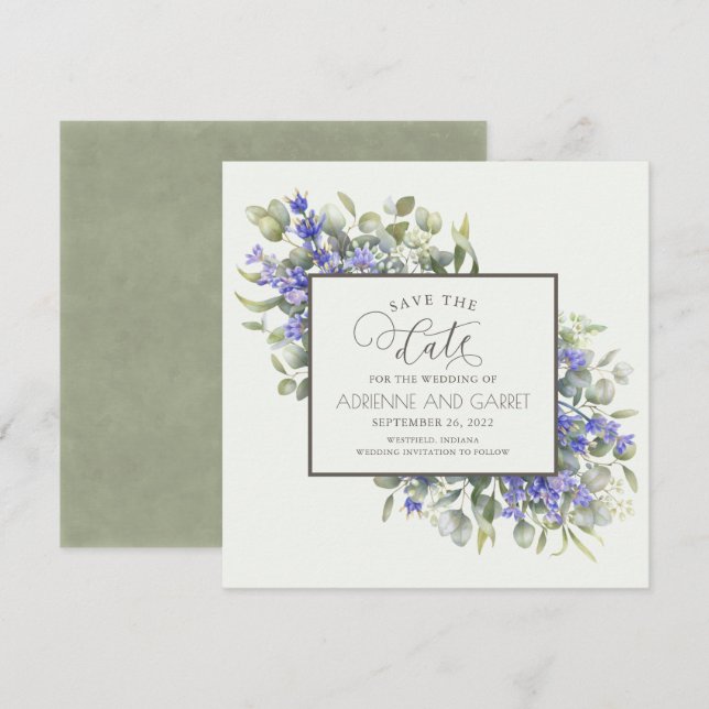 Save The Date Eucalyptus et Mariage Lavande délicat (Devant / Derrière)