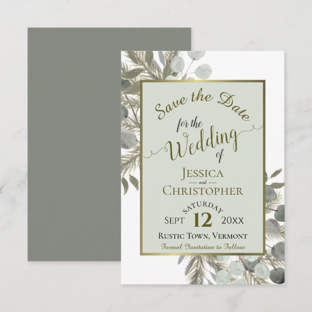 Save The Date Eucalyptus et pin sylvestre aquarelle rustique pou (Devant / Derrière)