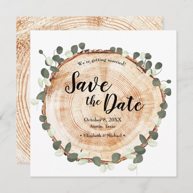 Save The Date Eucalyptus feuilles et le site de Mariage de bois  (Devant / Derrière)