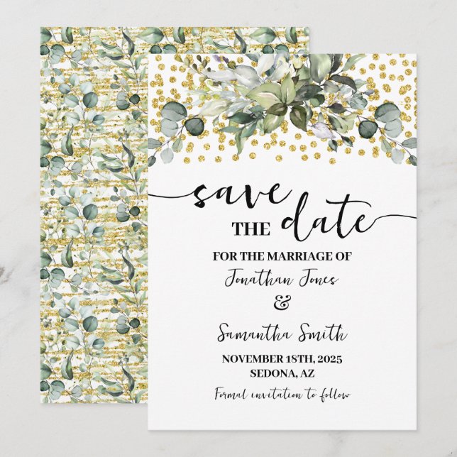 Save The Date Eucalyptus Gold Enregistrer le Mariage de date (Devant / Derrière)