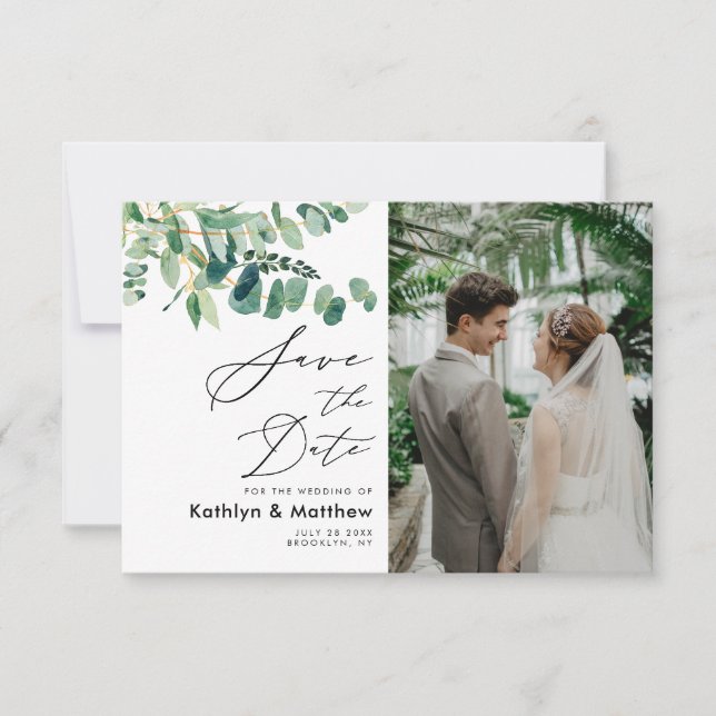 Save The Date Eucalyptus Green Script moderne Mariage photo (Devant)