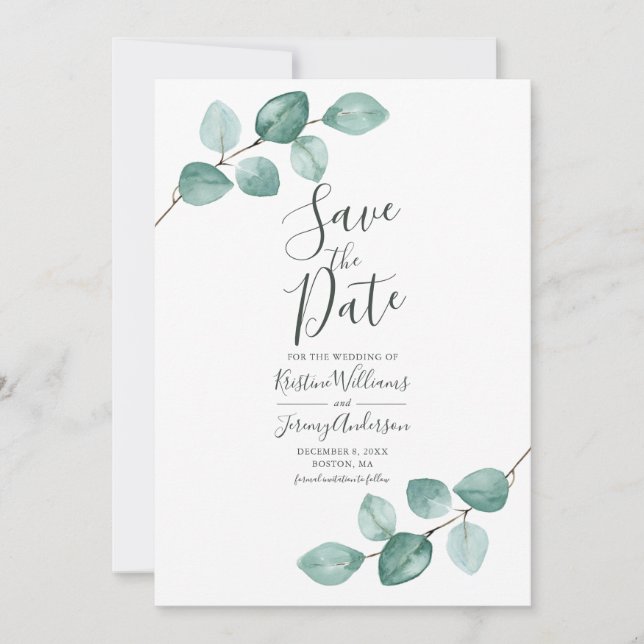 Save The Date Eucalyptus moderne Aquarelle or Script Mariage S (Devant)