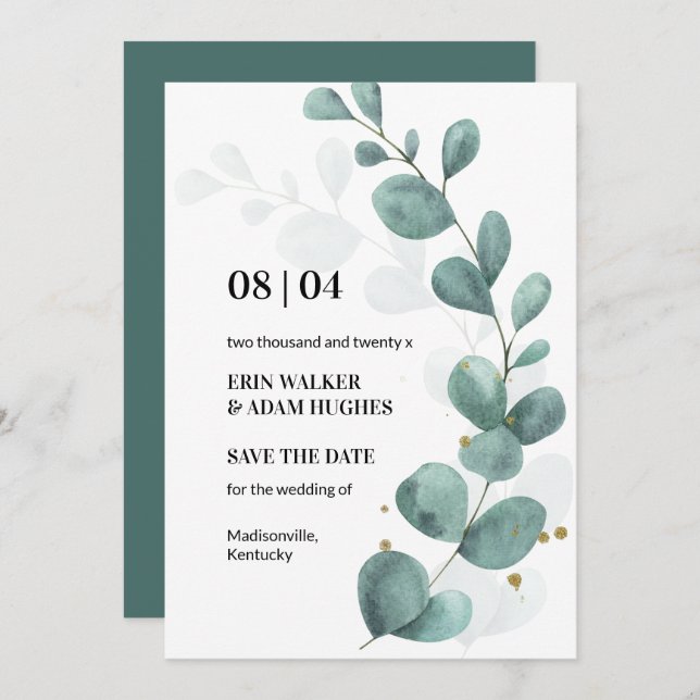 Save The Date Eucalyptus moderne Vert Mariage d'aquarelle Enregi (Devant / Derrière)