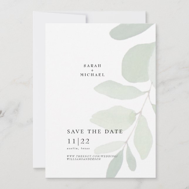 Save The Date Eucalyptus Monté Simple Tige Simple Enregistrer La (Devant)