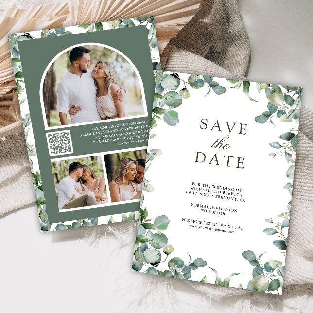 Save The Date Eucalyptus Photo Collage QR Code Mariage (Créateur téléchargé)