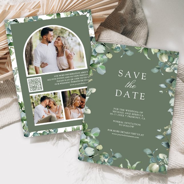 Save The Date Eucalyptus Photo QR Code Sage Mariage vert (Créateur téléchargé)