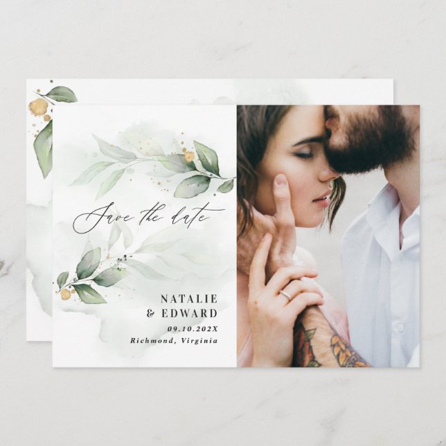Save The Date Eucalyptus photo vert moderne élégant mariage écon (Devant / Derrière)
