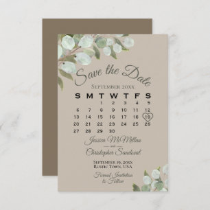 Save The Date Eucalyptus Rustique Calendrier vert Tan Mariage