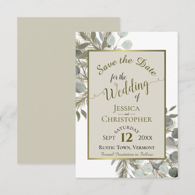Save The Date Eucalyptus Rustique et Mariage de teinte de pin (Devant / Derrière)
