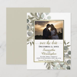 Save The Date Eucalyptus rustique et pin avec photo Mariage blan