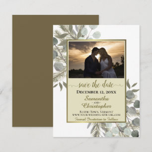 Save The Date Eucalyptus rustique et pin avec photo Mariage or