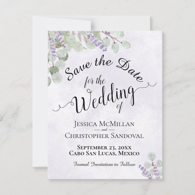 Save The Date Eucalyptus Rustique & Lavande Chic Mariage violet (Devant)