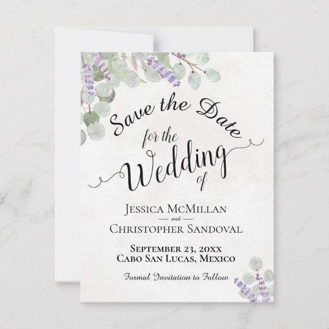 Save The Date Eucalyptus rustique & Lavande Elégant Mariage blan (Devant)