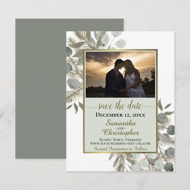 Save The Date Eucalyptus rustique & Pine avec Mariage Photo Sage (Devant / Derrière)