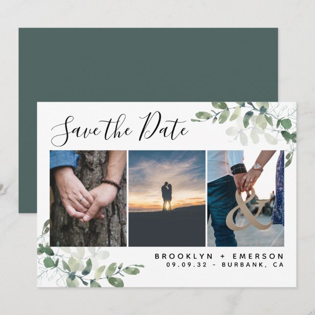 Save The Date Eucalyptus Verdure Aquarelle Mariage photo (Devant / Derrière)