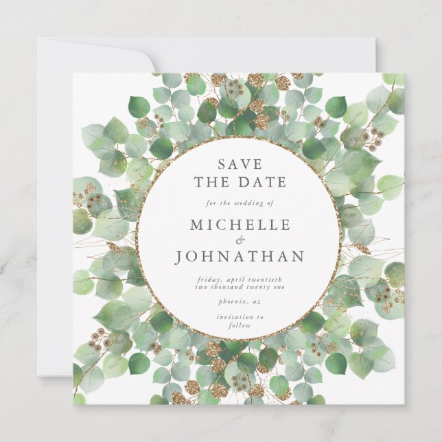 Save The Date Eucalyptus Vert Aquarelle & Mariage Or (Devant)