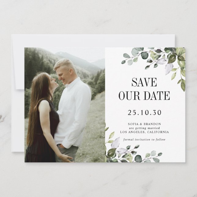Save The Date Eucalyptus vert émeraude Rustique photo Mariage (Devant)