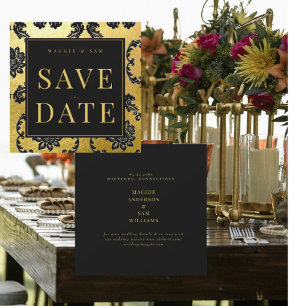Save The Date Événement Mariage Royale Noir & Or Damassé Enregis