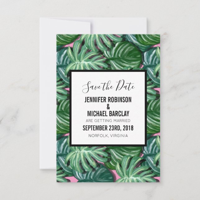 Save The Date Exotic Green Tropical Feuille Motif Enregistrer la (Devant)