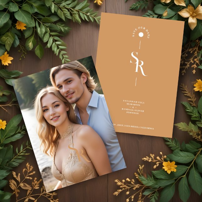 Save The Date Exquisite Chic Minimalist Golden Wedding Initials (Exquisite Chic Minimalist Golden Effect Wedding Initials Photo Save the Date Card with Envelope.)