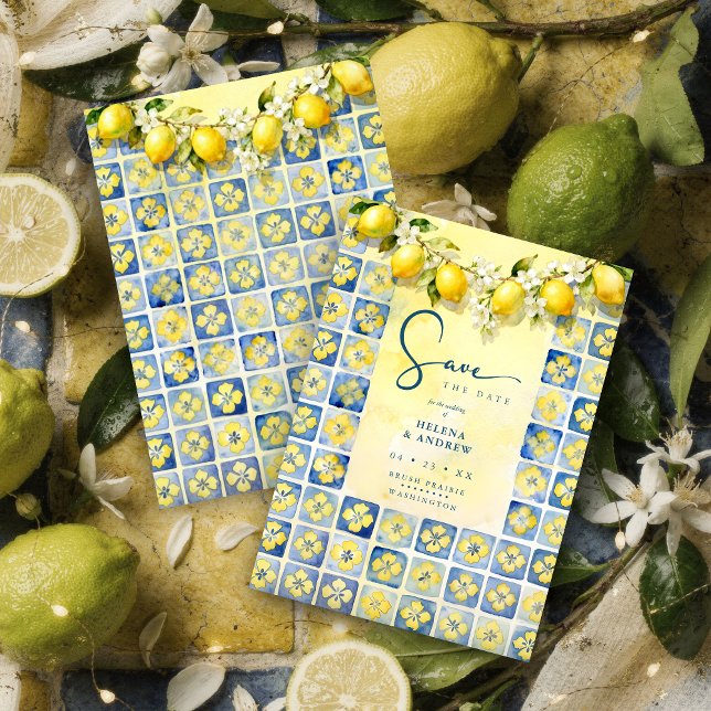Save The Date Exquisite Mediterranean Tiles Floral & Lemons  (Exquisite Mediterranean Tiles and Floral & Lemons Garland Wedding Save the date Cards.)