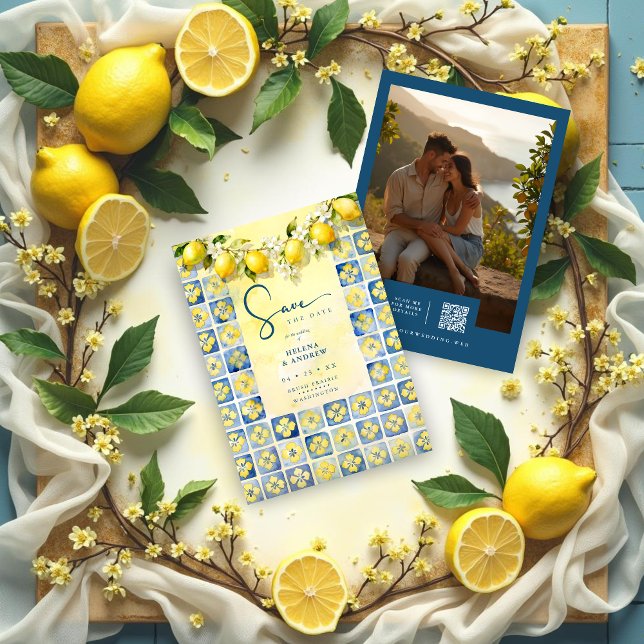 Save The Date Exquisite Mediterranean Tiles Floral Lemons Photo (Exquisite Mediterranean Tiles and Floral & Lemons Garland Wedding Save the date Cards )