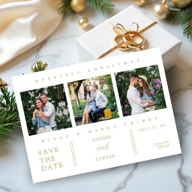 Save The Date Extra Minimal Christmas Collage 3 Photos Wedding (Extra Minimalist Christmas Collage 3 Photos Wedding in White & Faux Gold Save the Dates Cards.)
