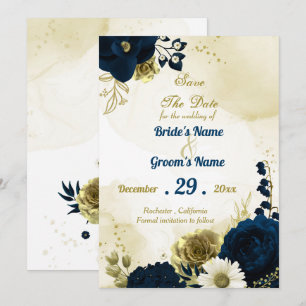 Save The Date Extraordinaire marine bleu ivoire fleurs or