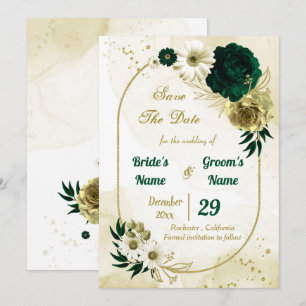 Save The Date Extraordinaires fleurs d'ivoire vert émeraude géom