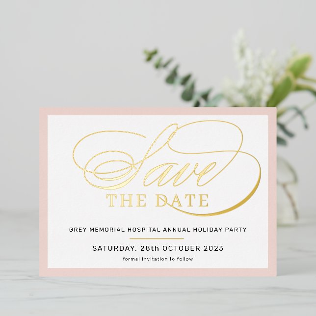 SAVE THE DATE extravagantes Drehbuch Rosa Gold Folieneinladung (Stehend vorne)