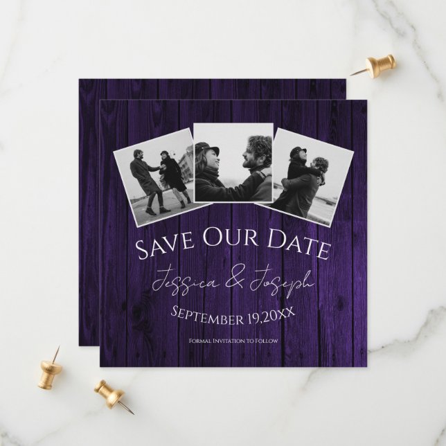 Save The Date Faire part de collage photo rustique violet Sauveg (Devant/Arrière en situation)