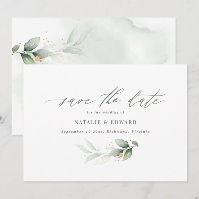 Save The Date Faire part de mariage à l'eucalyptus vert sauge et (Devant / Derrière)