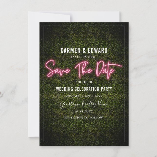 Save The Date Faire part de mariage au néon rose sur buis (Devant)