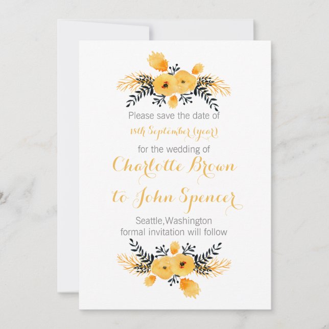 Save The Date faire part de mariage floral aquarelle gris jaune (Devant)