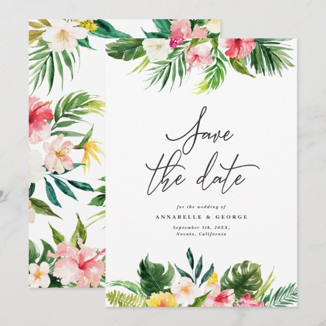 Save The Date Faire part de mariage floral aquarelle tropical (Devant / Derrière)