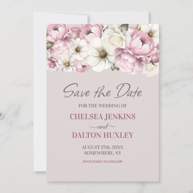 Save The Date Faire part de mariage floral blanc rose (Devant)