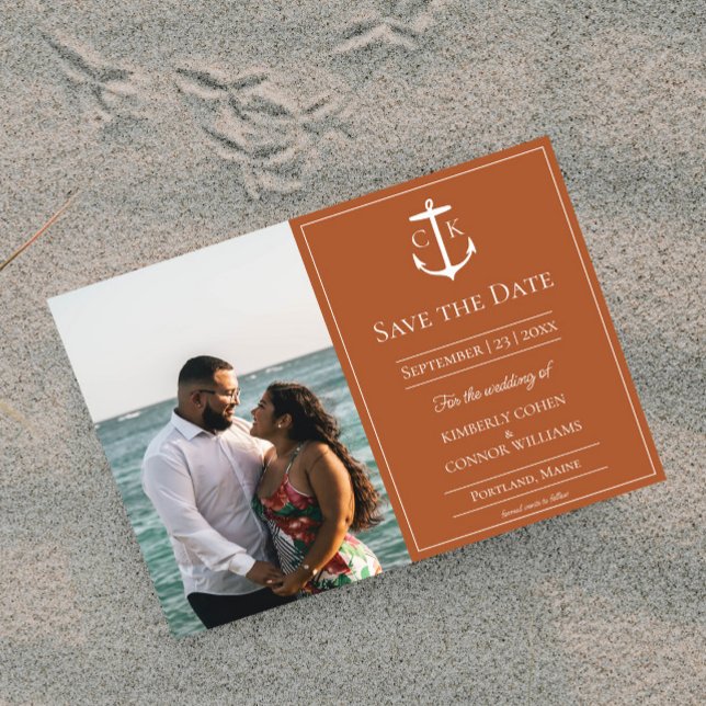 Save The Date Faire part de mariage photo monogramme nautique or (Burnt Orange Nautical Monogram Photo Save the Date)
