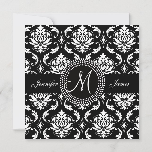 Save The Date Faire part de monogramme en damas noir pour la dat (Devant)