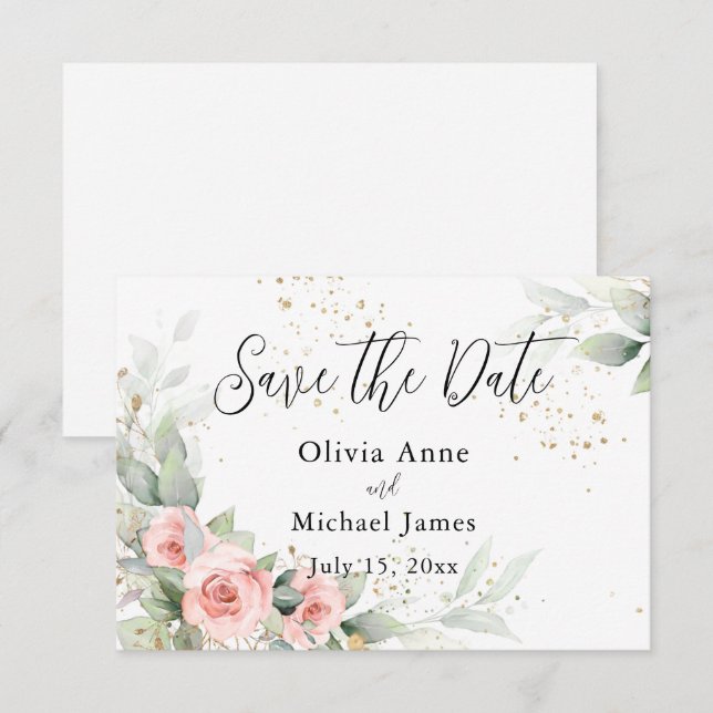 Save The Date Faire part de Roses à l'aquarelle Teint Rose (Devant / Derrière)